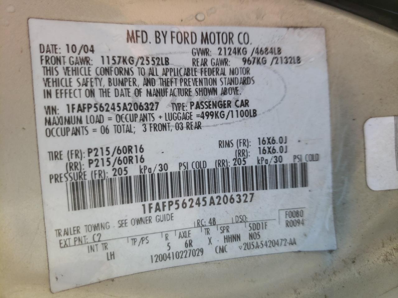 Foto 10 de la subasta – 2005 FORD TAURUS SEL con VIN 1FAFP56245A206327