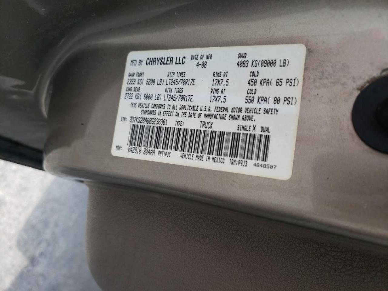 Photo 10 from auction – 2008 DODGE RAM 2500 S with VIN 3D7KS28A68G230361