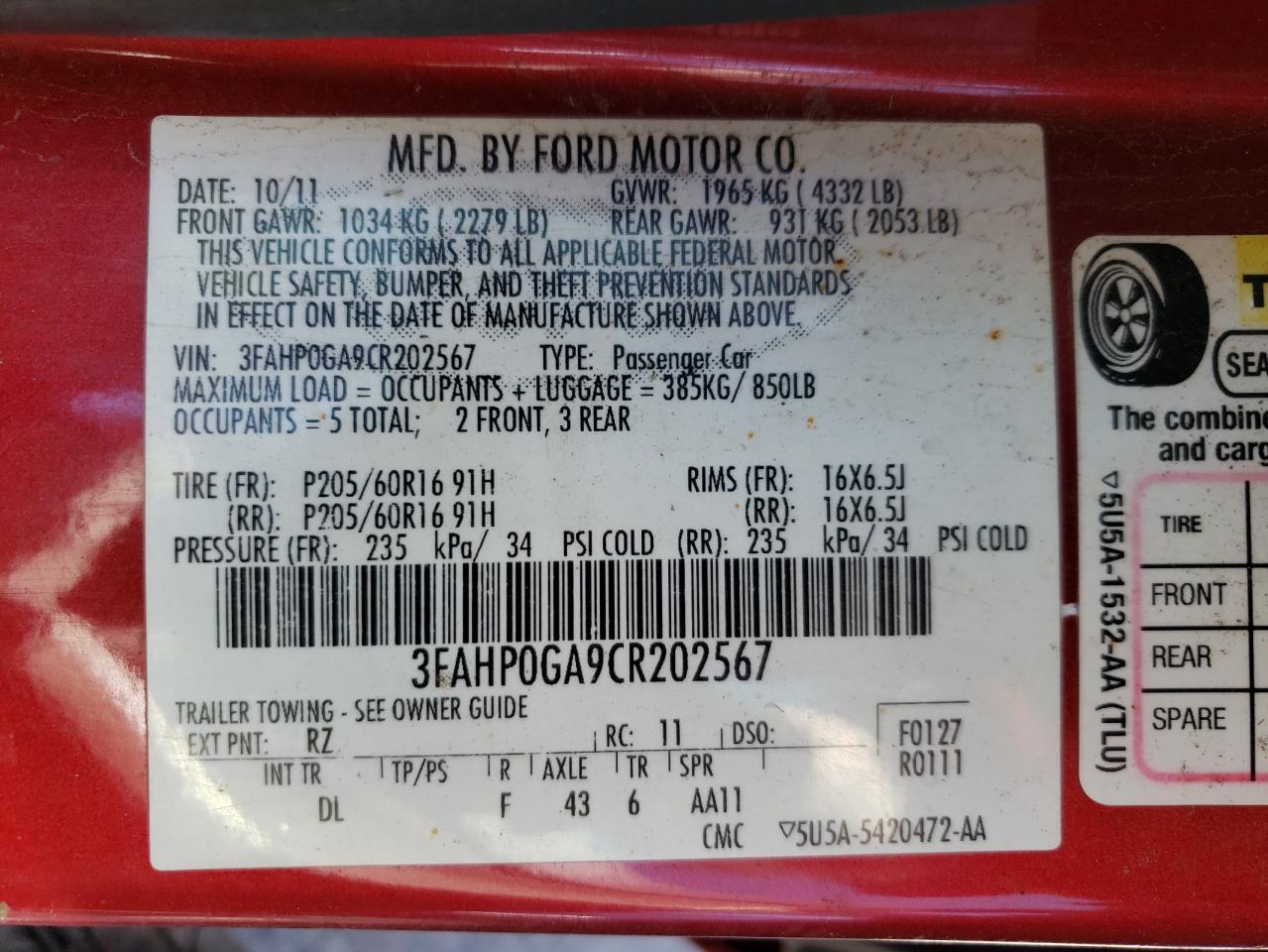 Photo 10 from auction – 2012 FORD FUSION S with VIN 3FAHP0GA9CR202567