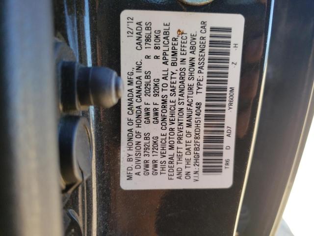 Photo 10 from auction – 2013 HONDA CIVIC EX with VIN 2HGFB2F8XDH514048