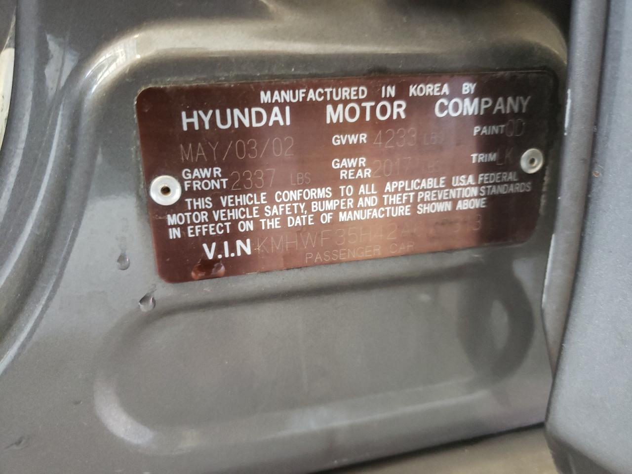 Photo 10 from auction – 2002 HYUNDAI SONATA GLS with VIN KMHWF35H42A677313