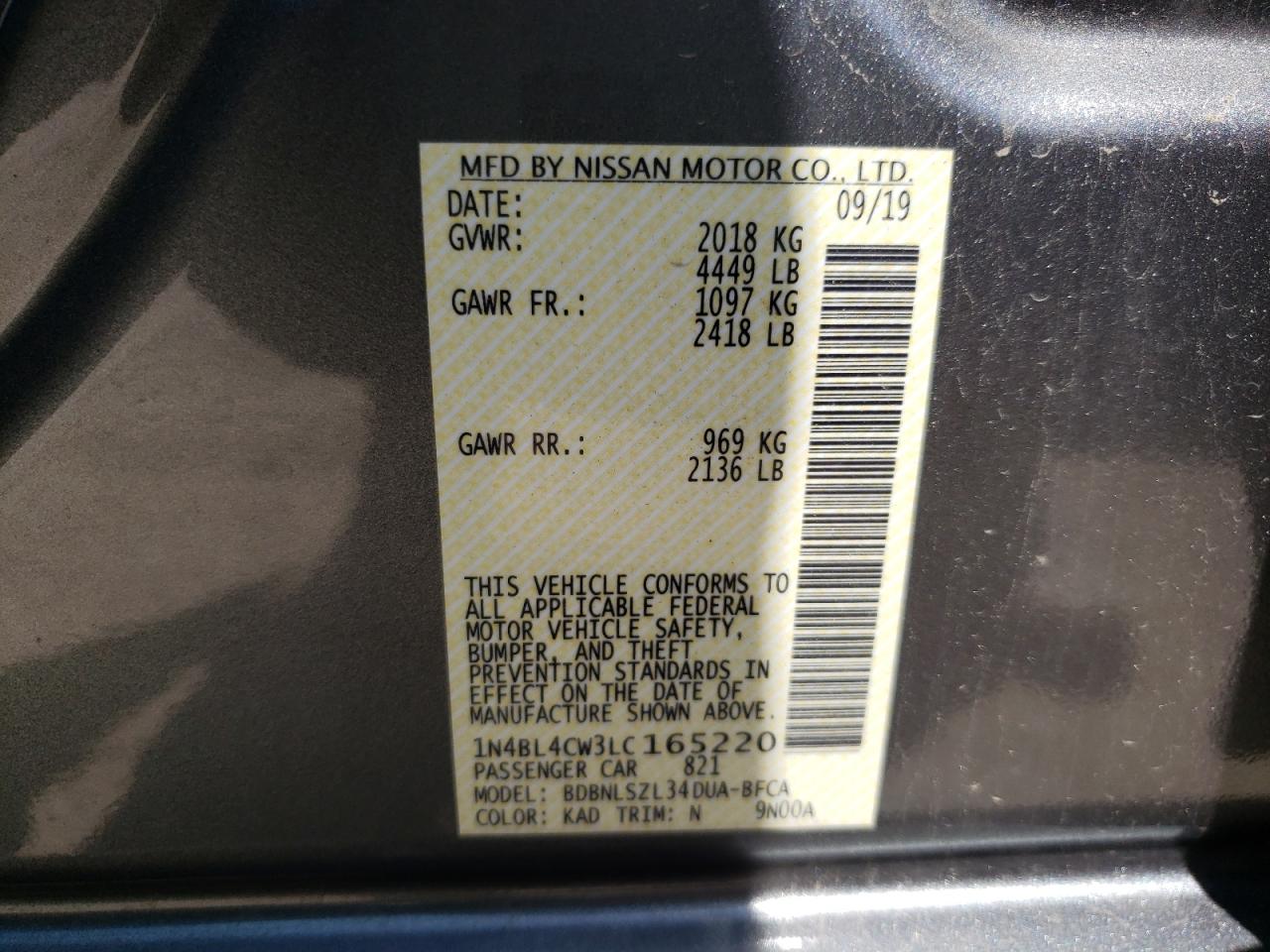 Photo 10 from auction – 2020 NISSAN ALTIMA SR with VIN 1N4BL4CW3LC165220