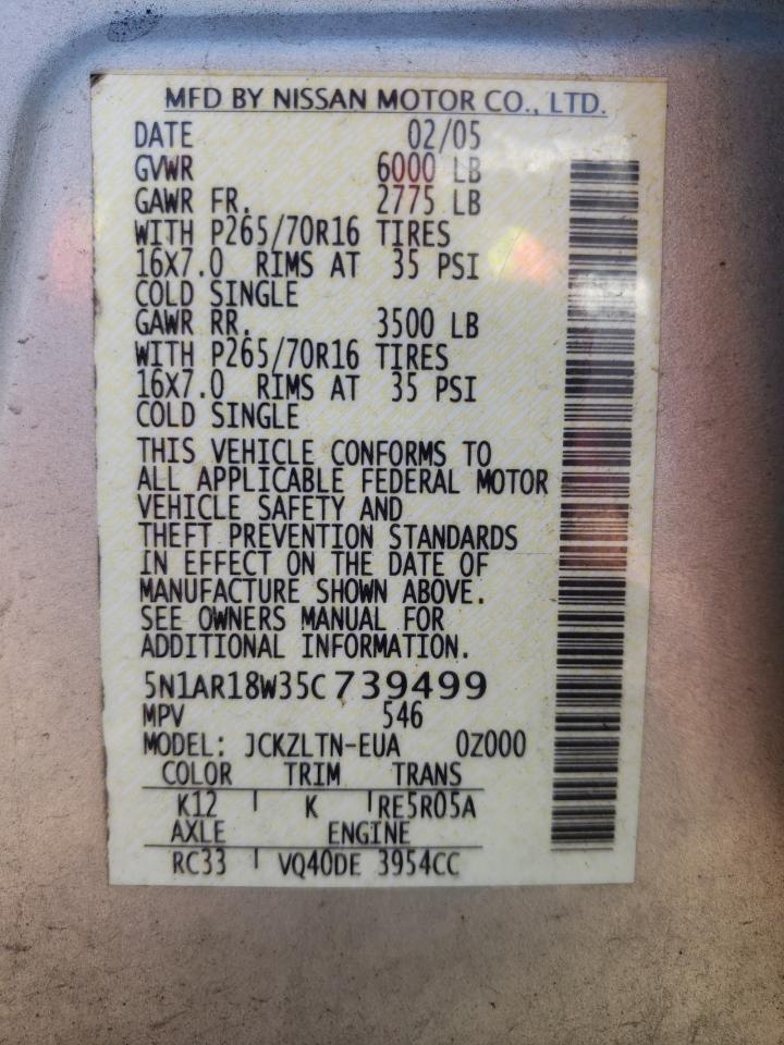 Photo 10 from auction – 2005 NISSAN PATHFINDER with VIN 5N1AR18W35C739499