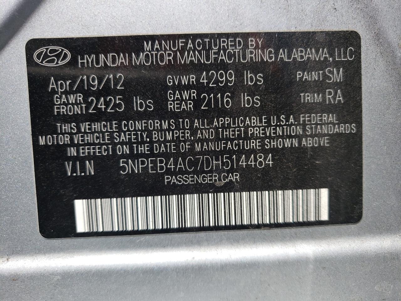 Photo 10 from auction – 2013 HYUNDAI SONATA GLS with VIN 5NPEB4AC7DH514484
