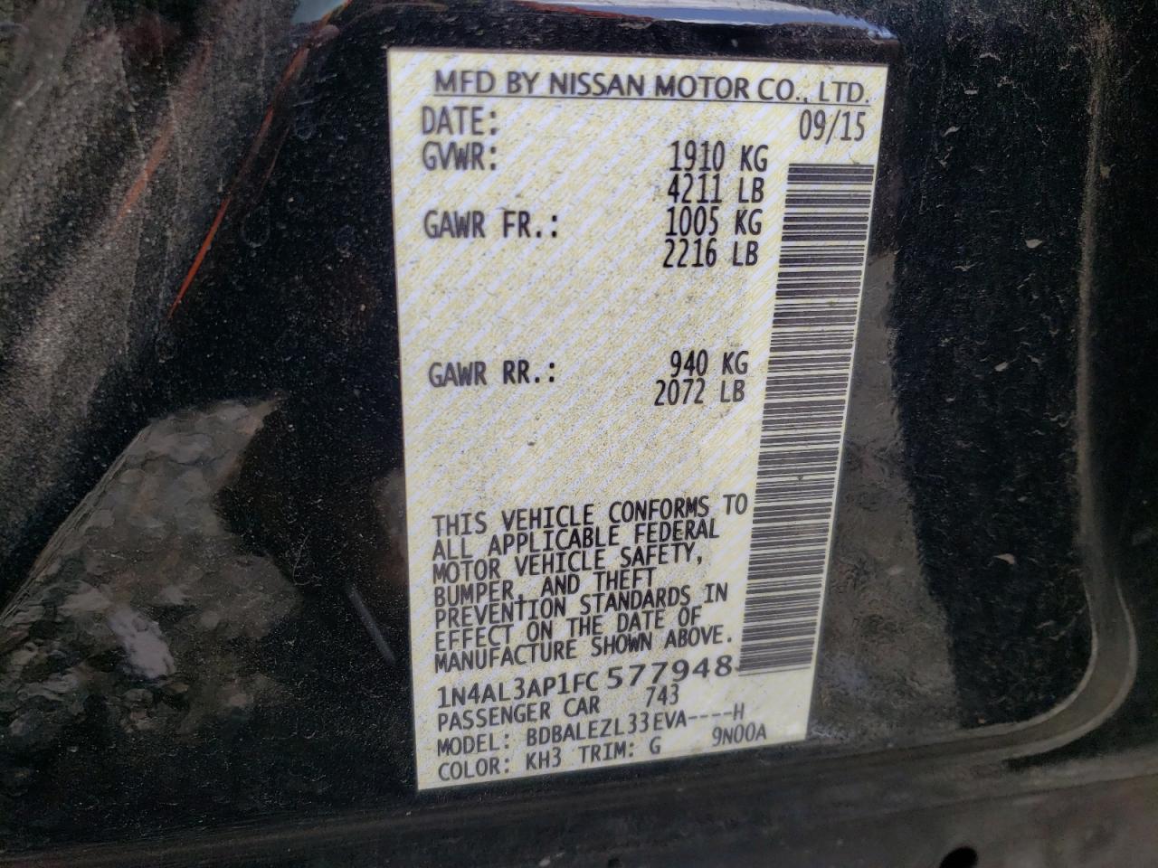 Photo 10 from auction – 2015 NISSAN ALTIMA 2.5 with VIN 1N4AL3AP1FC577948