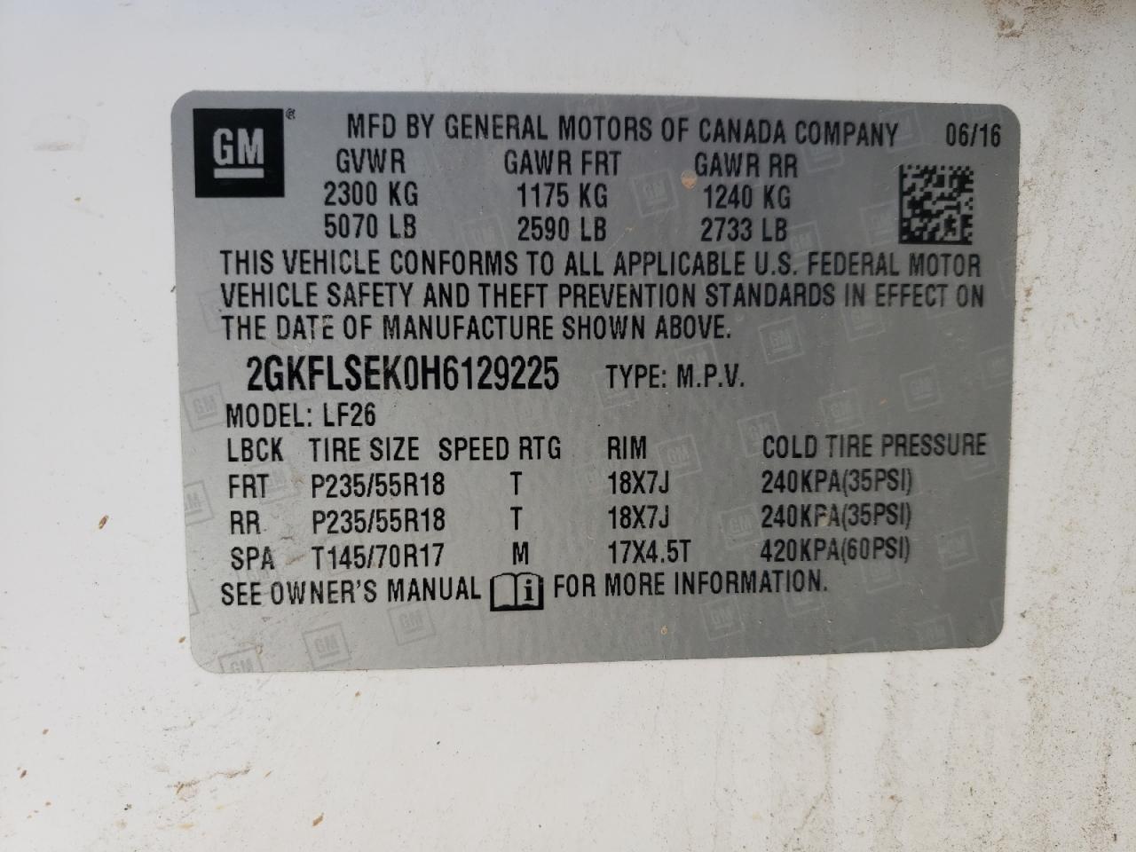 Photo 10 from auction – 2017 GMC TERRAIN SL with VIN 2GKFLSEK0H6129225
