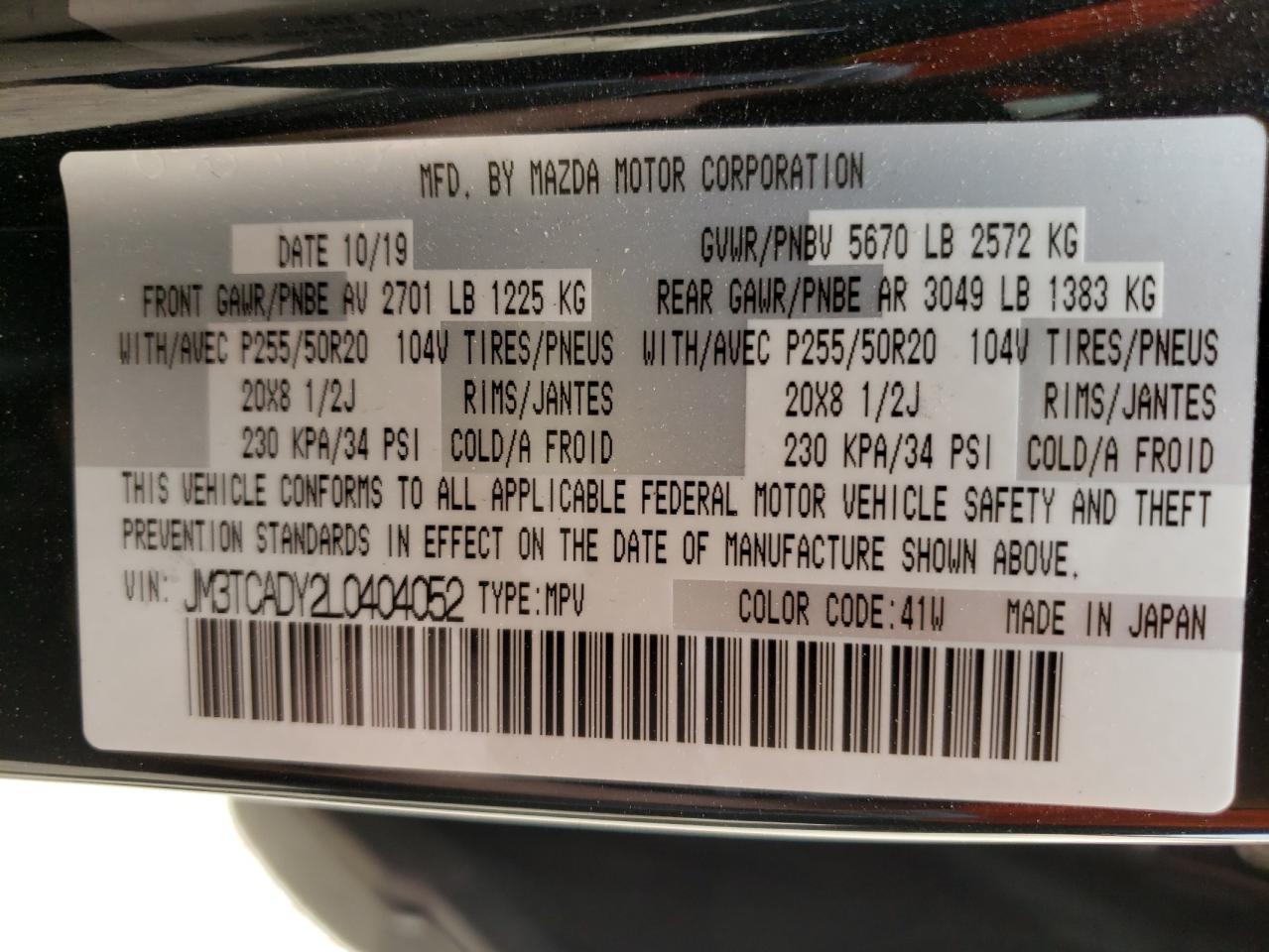 Photo 10 from auction – 2020 MAZDA CX-9 GRAND with VIN JM3TCADY2L0404052