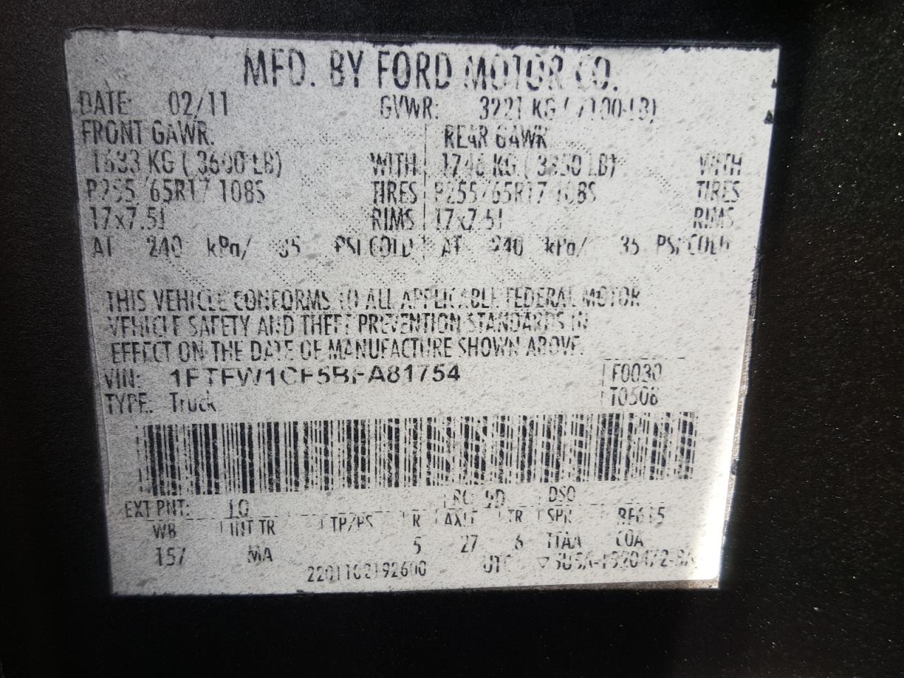 Zdjęcie 10 z aukcji – 2011 FORD F150 SUPER z VIN 1FTFW1CF5BFA81754