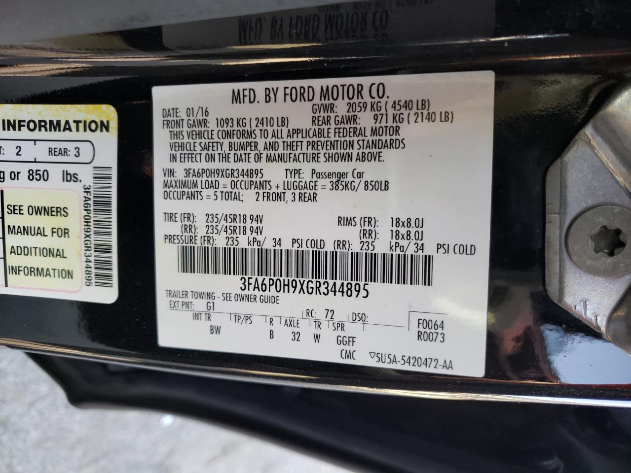 Photo 10 from auction – 2016 FORD FUSION SE with VIN 3FA6P0H9XGR344895