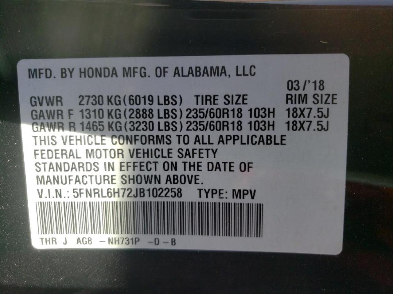 Photo 17 from auction – 2018 HONDA ODYSSEY EX with VIN 5FNRL6H72JB102258