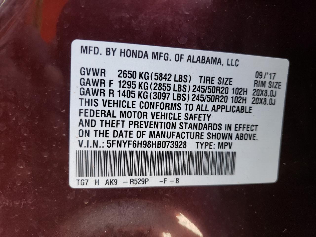 Photo 10 from auction – 2017 HONDA PILOT TOUR with VIN 5FNYF6H98HB073928