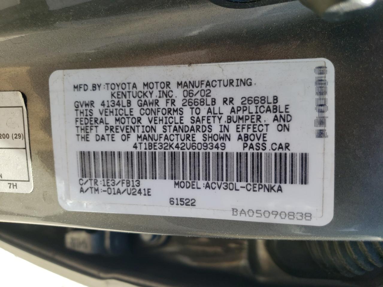 Photo 10 from auction – 2002 TOYOTA CAMRY LE with VIN 4T1BE32K42U609349