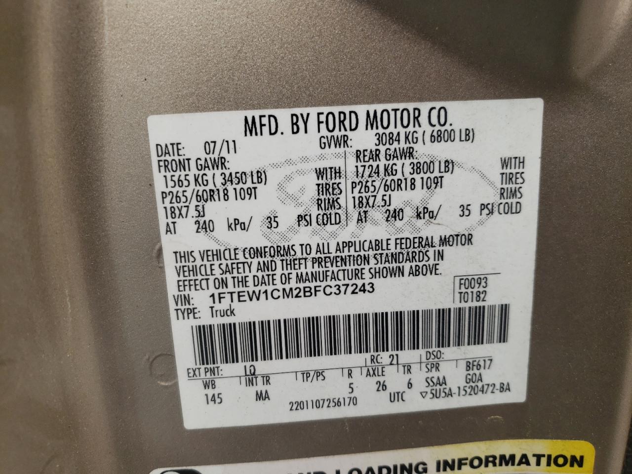Photo 10 from auction – 2011 FORD F150 SUPER with VIN 1FTEW1CM2BFC37243