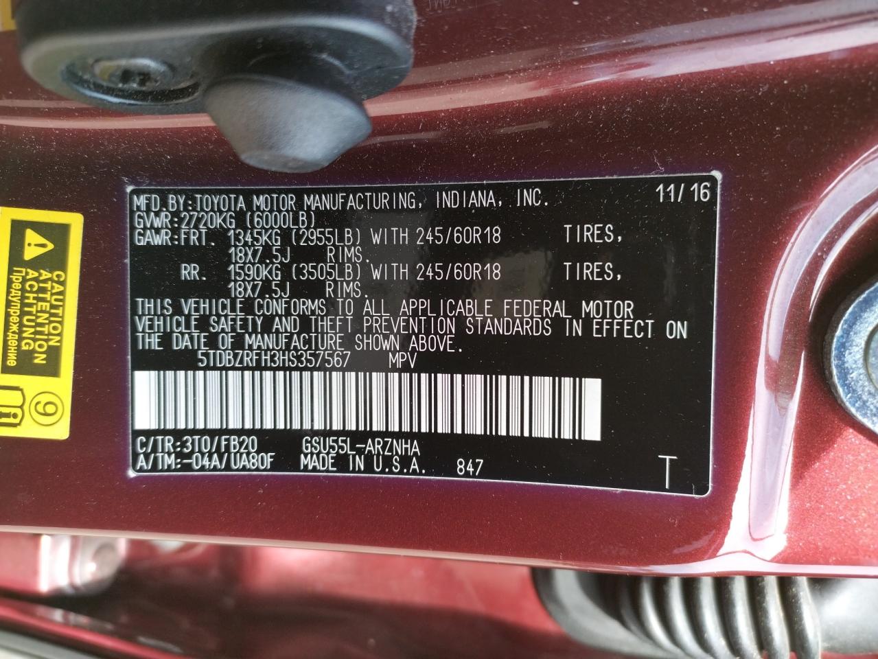 Photo 10 from auction – 2017 TOYOTA HIGHLANDER with VIN 5TDBZRFH3HS357567