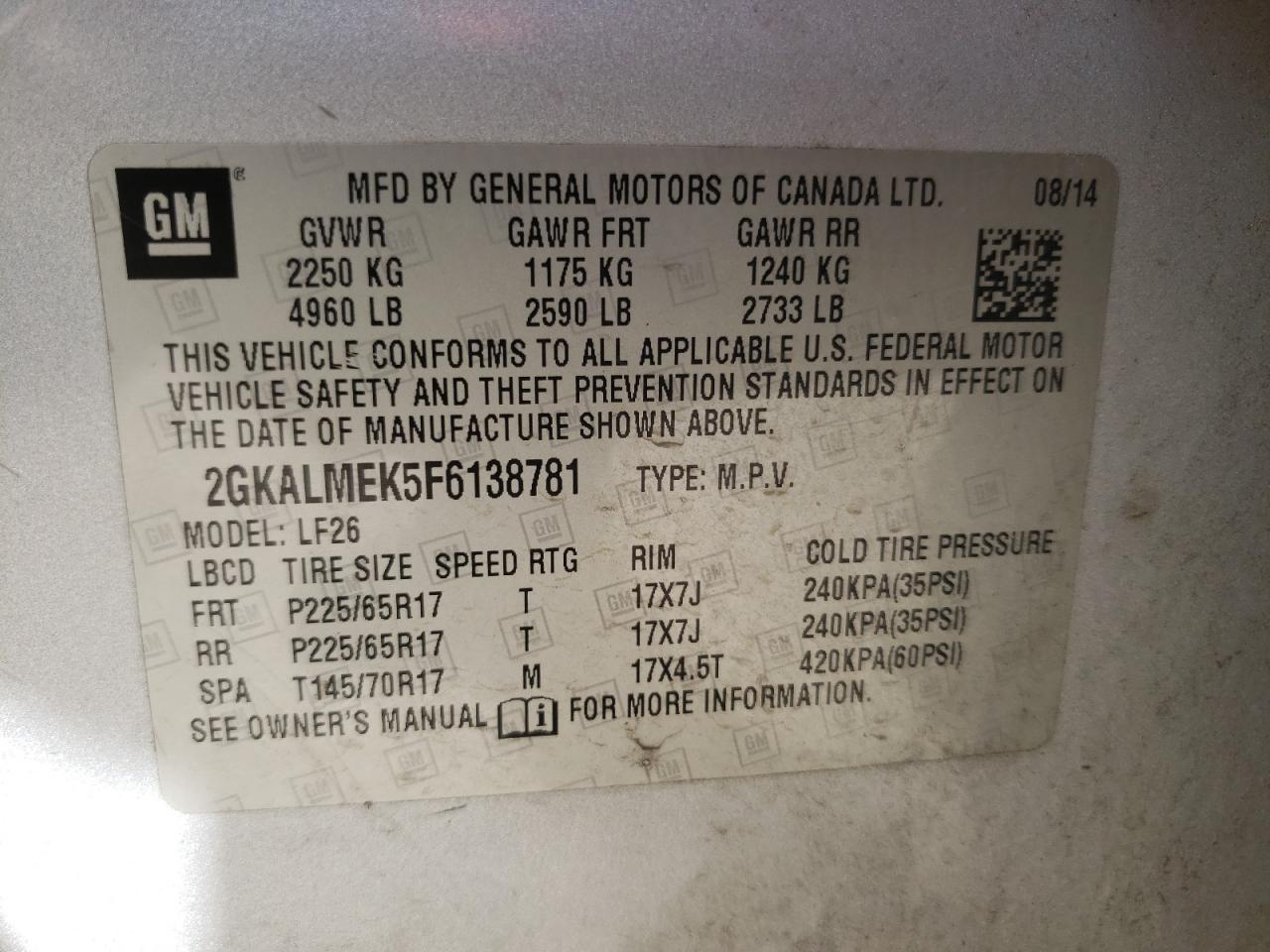 Photo 10 from auction – 2015 GMC TERRAIN SL with VIN 2GKALMEK5F6138781