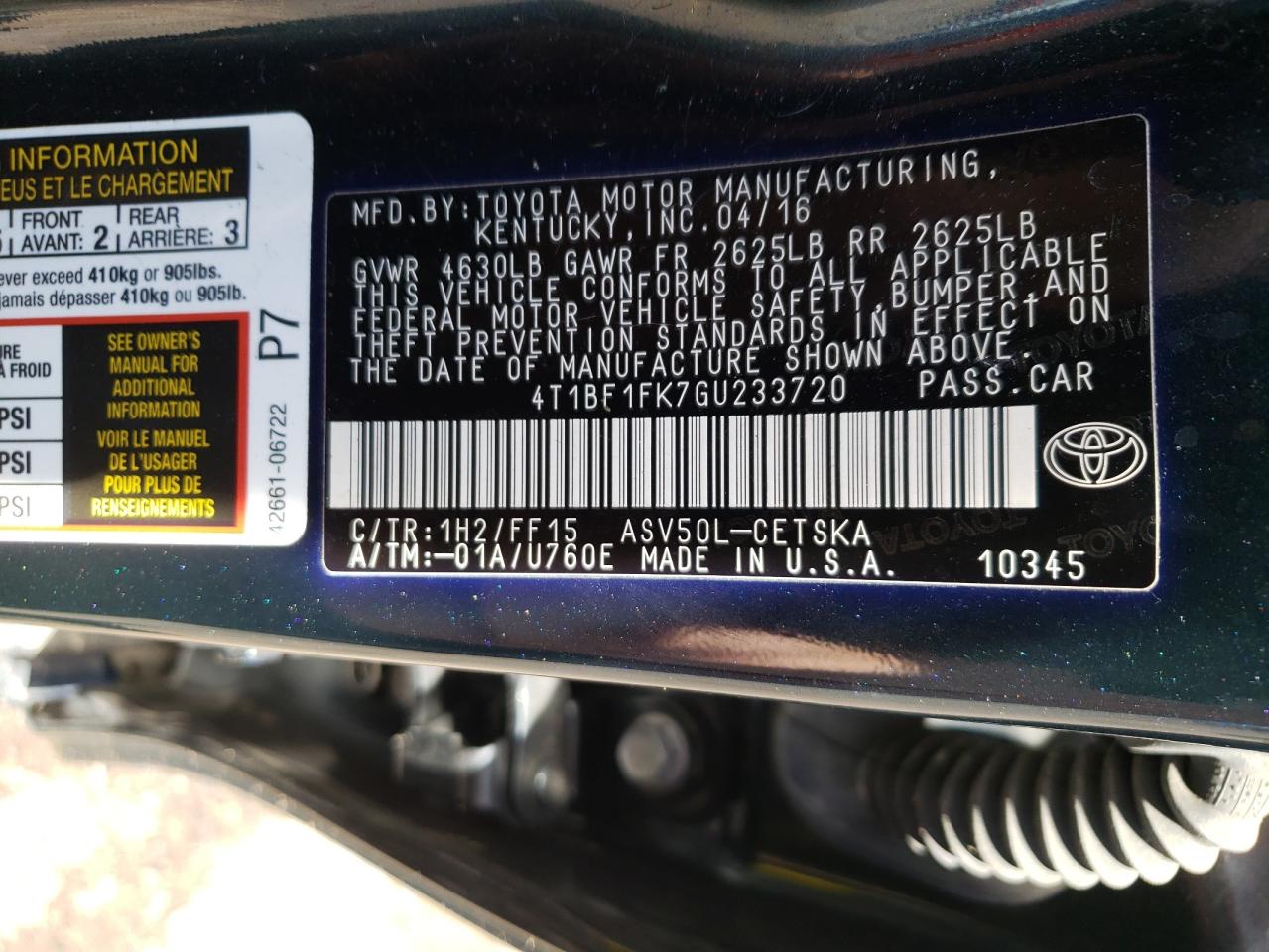Photo 10 from auction – 2016 TOYOTA CAMRY LE with VIN 4T1BF1FK7GU233720