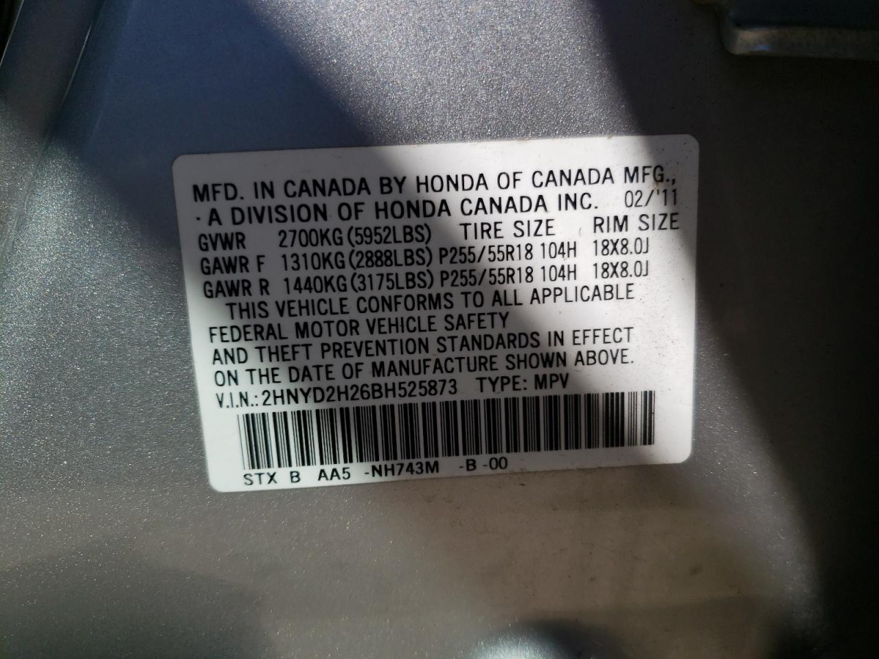Photo 11 from auction – 2011 ACURA MDX with VIN 2HNYD2H26BH525873