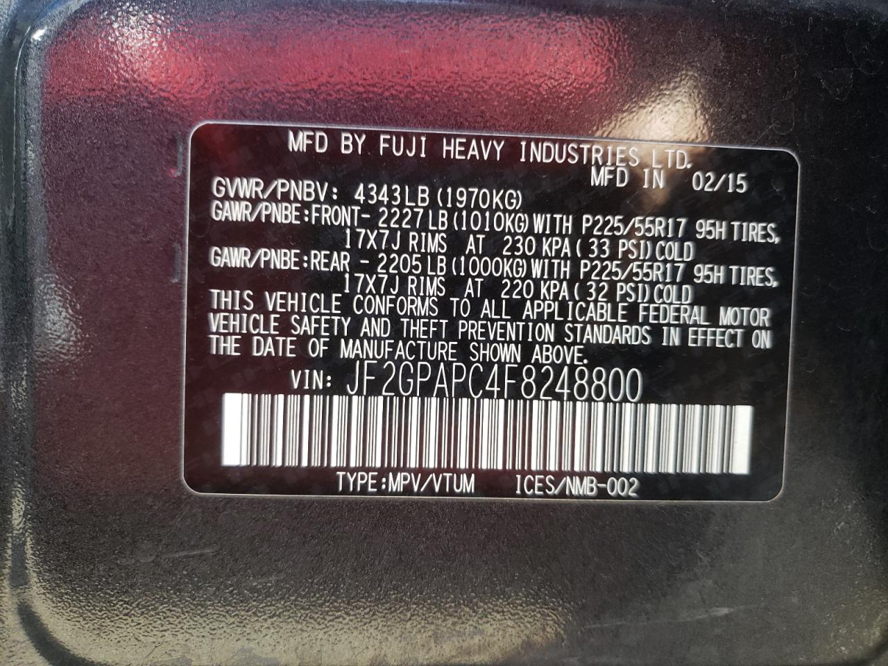 Photo 10 from auction – 2015 SUBARU XV CROSSTR with VIN JF2GPAPC4F8248800