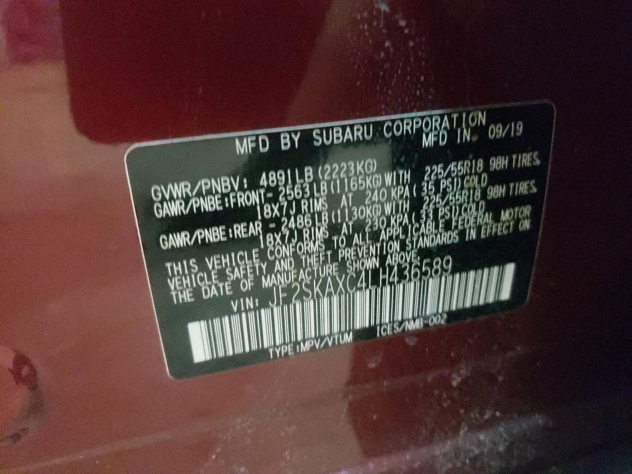 Photo 10 from auction – 2020 SUBARU FORESTER T with VIN JF2SKAXC4LH436589
