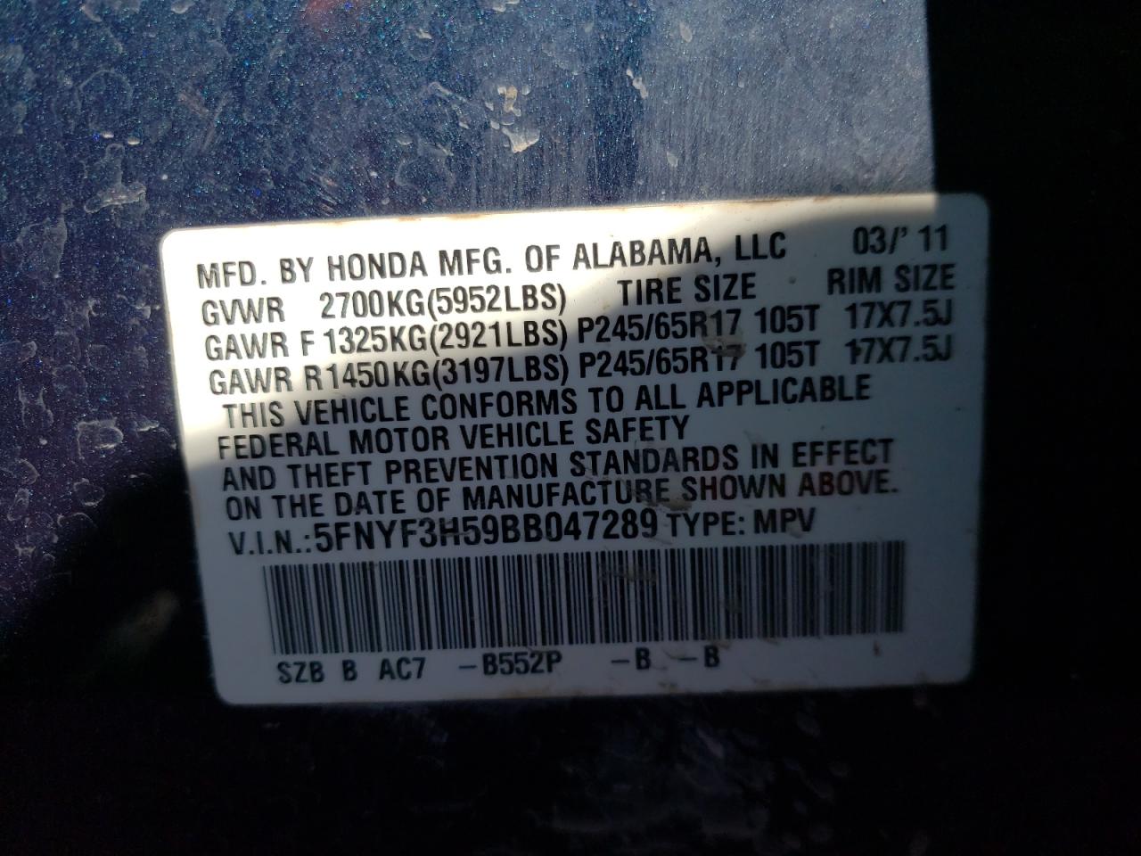 Photo 10 from auction – 2011 HONDA PILOT EXL with VIN 5FNYF3H59BB047289
