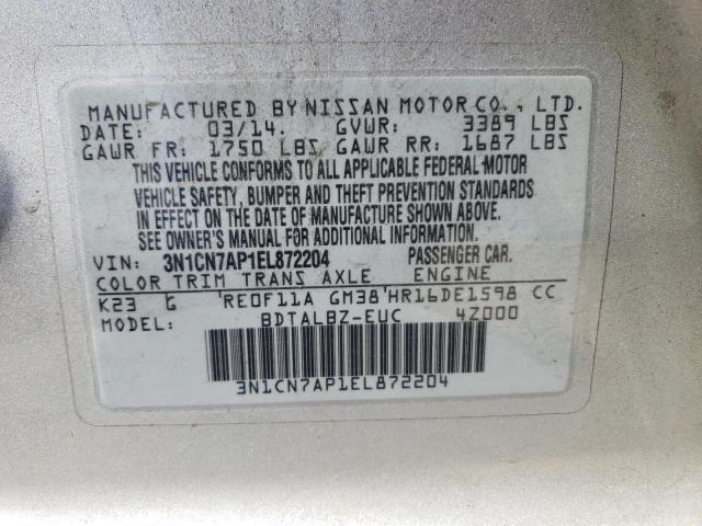 Photo 10 from auction – 2014 NISSAN VERSA with VIN 3N1CN7AP1EL872204