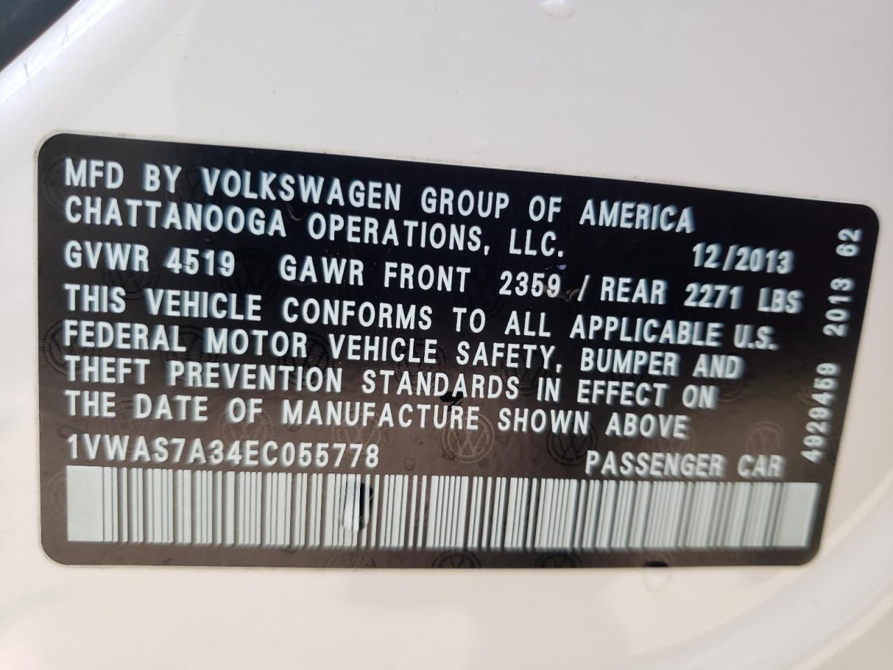 Photo 10 from auction – 2014 VOLKSWAGEN PASSAT S with VIN 1VWAS7A34EC055778