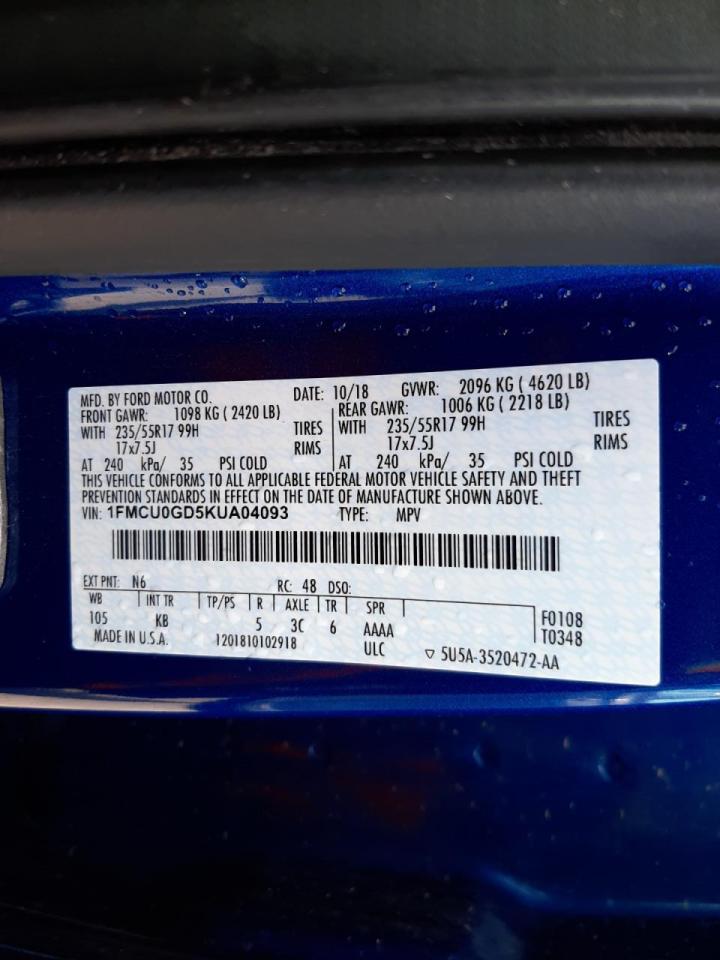 Photo 10 from auction – 2019 FORD ESCAPE SE with VIN 1FMCU0GD5KUA04093