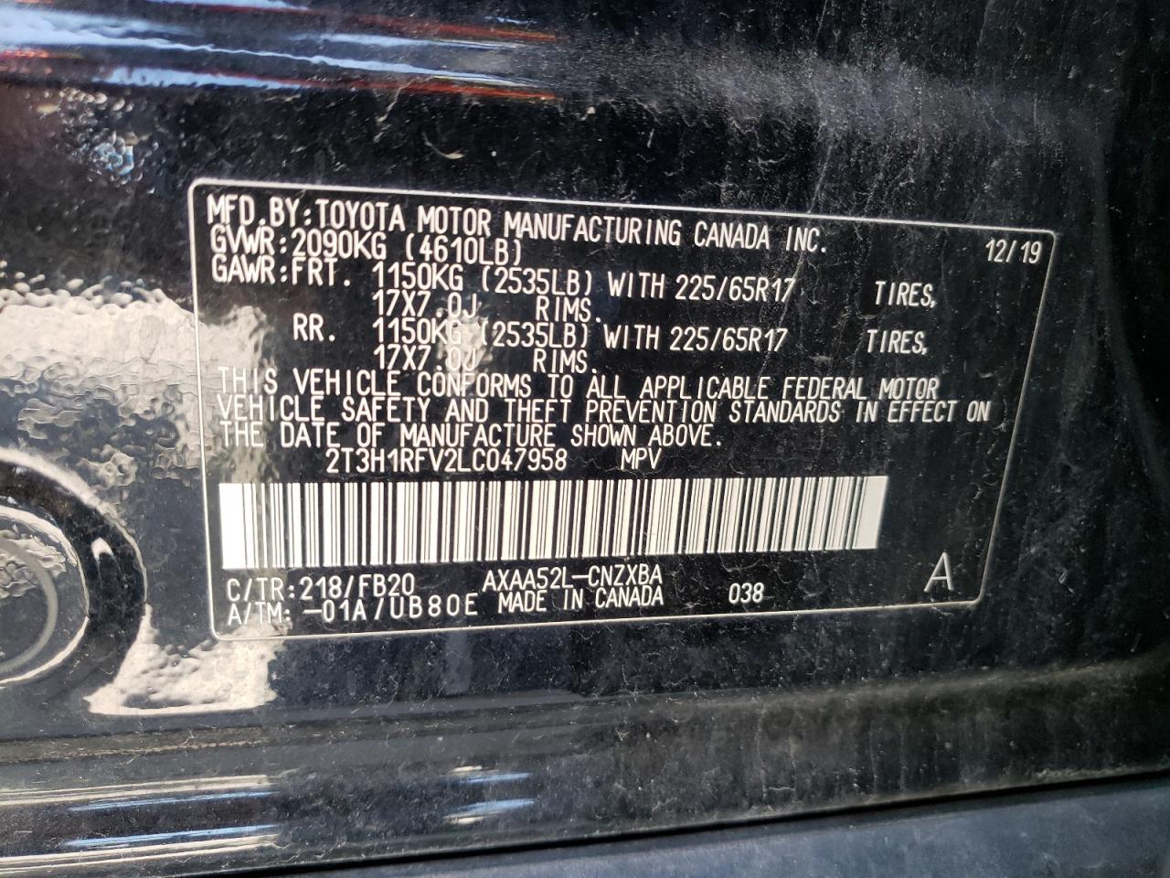 Photo 10 from auction – 2020 TOYOTA RAV4 LE with VIN 2T3H1RFV2LC047958