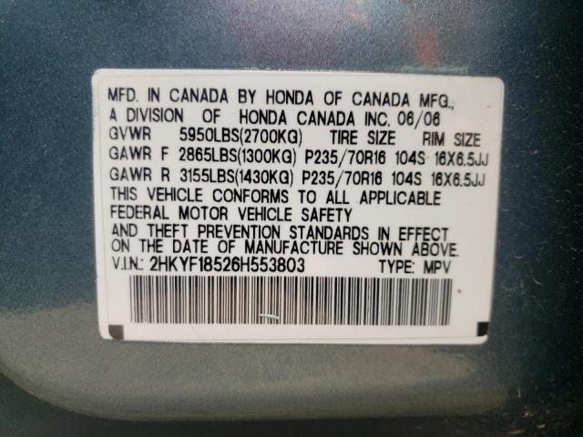 HONDA PILOT EX 2006 with VIN 2HKYF18526H553803 - Photo from auction