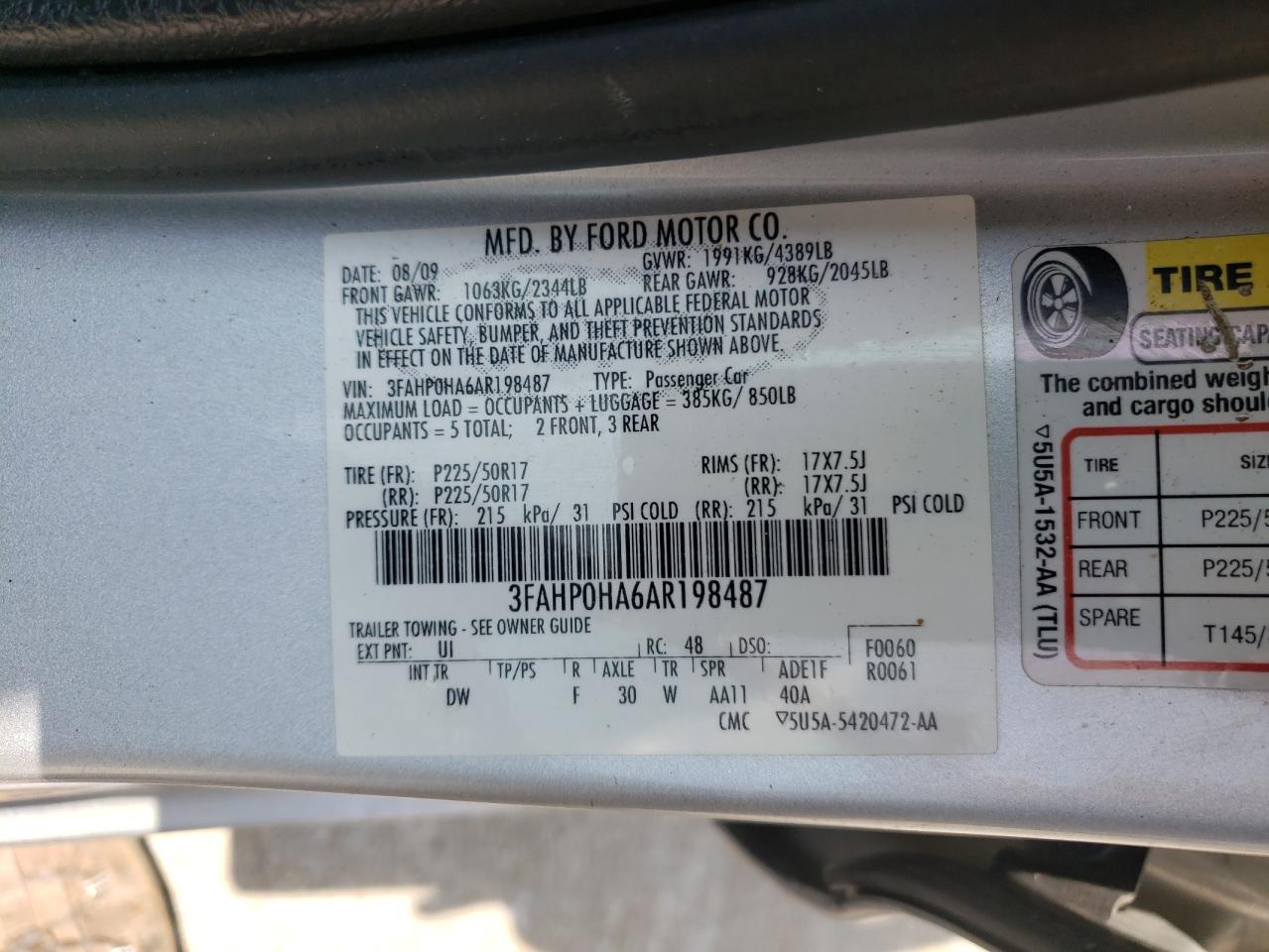 Photo 10 from auction – 2010 FORD FUSION with VIN 3FAHP0HA6AR198487