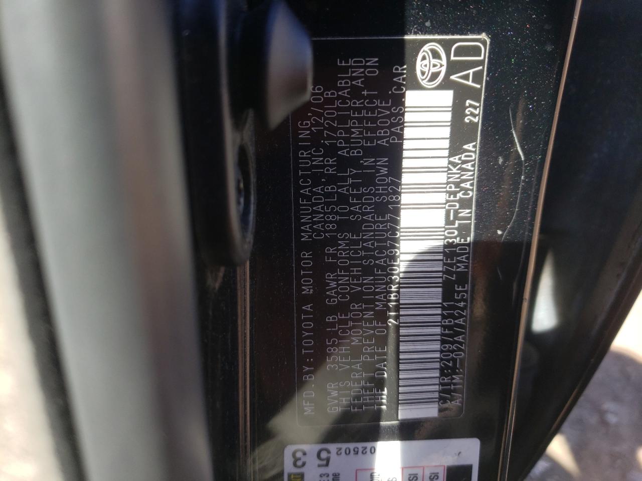 Photo 10 from auction – 2007 TOYOTA COROLLA CE with VIN 2T1BR30E97C771827