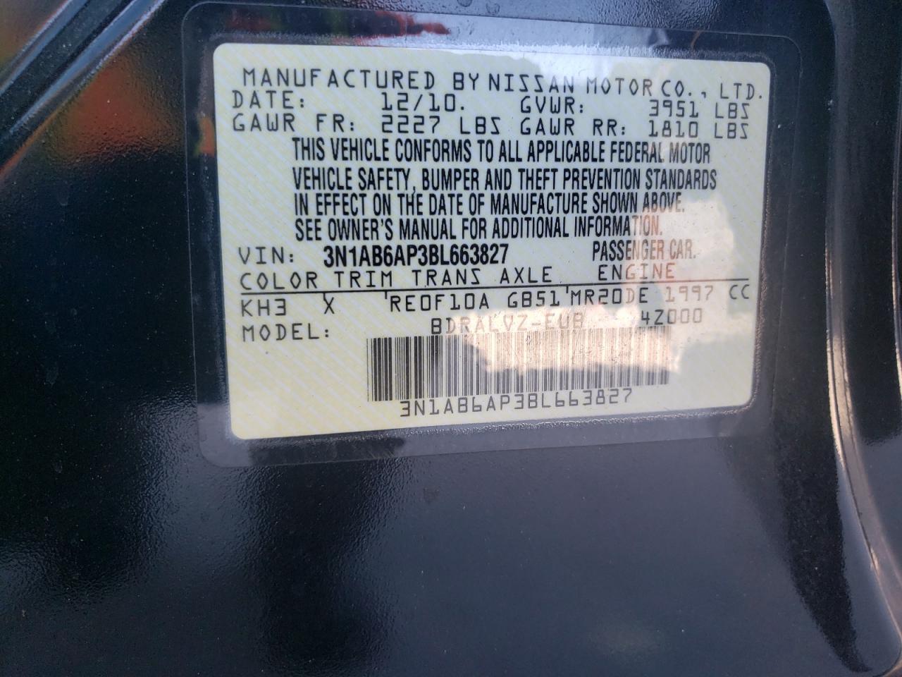 Photo 10 from auction – 2011 NISSAN SENTRA with VIN 3N1AB6AP3BL663827