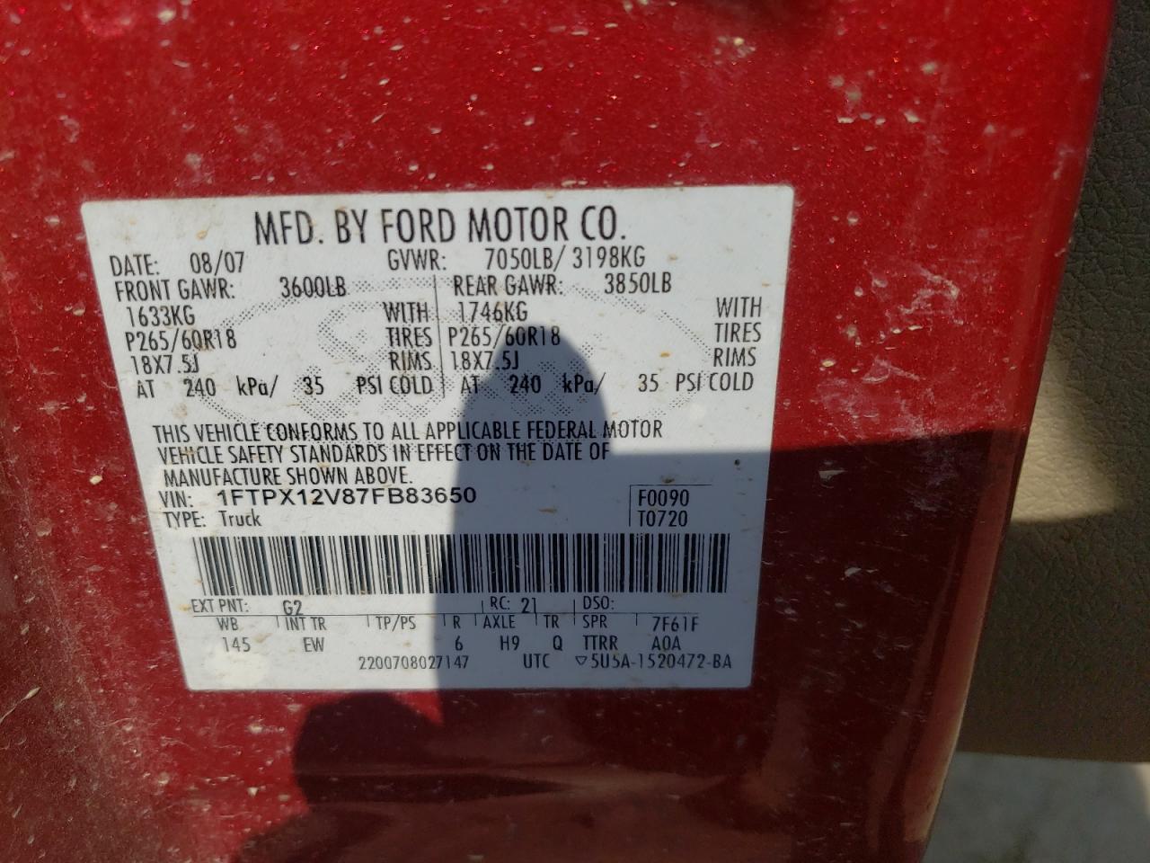 Photo 10 from auction – 2007 FORD F150 with VIN 1FTPX12V87FB83650
