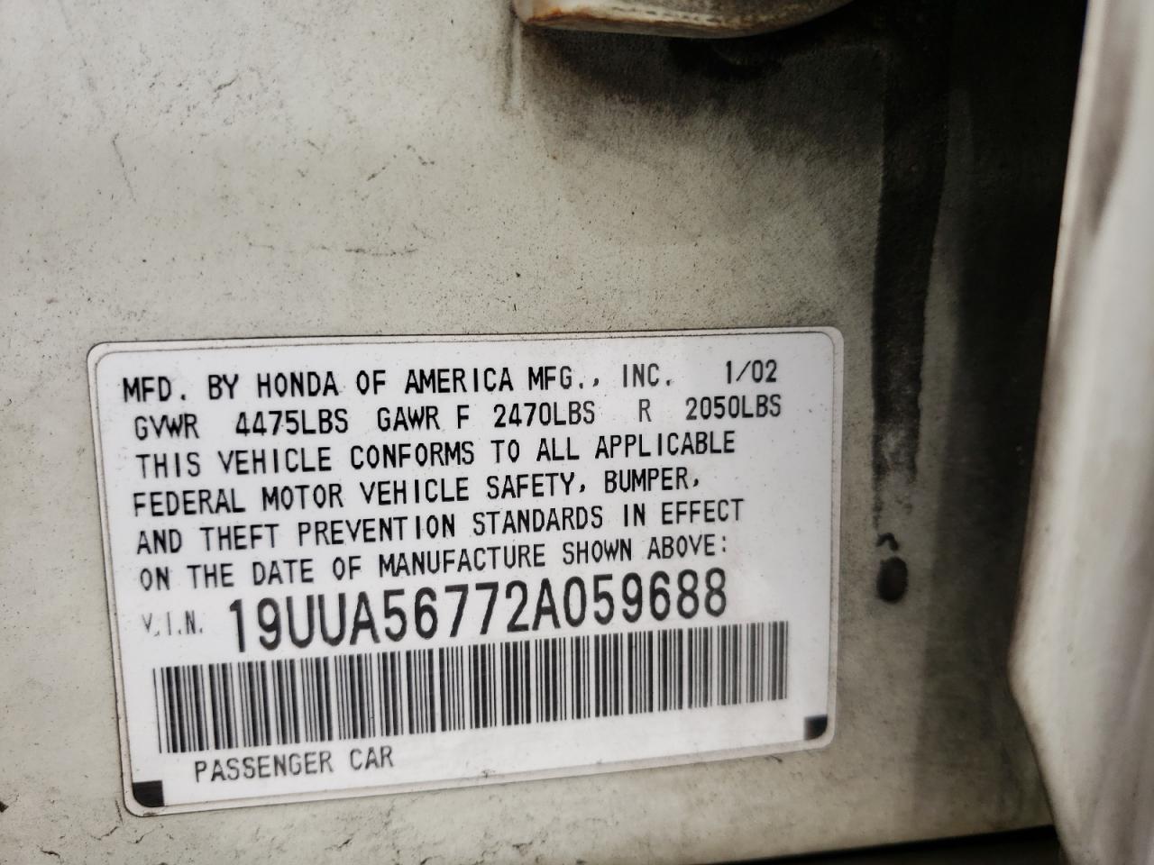 Photo 10 from auction – 2002 ACURA 3.2TL with VIN 19UUA56772A059688