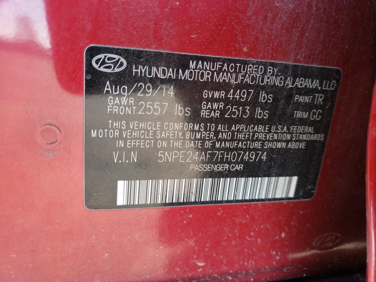 Photo 10 from auction – 2015 HYUNDAI SONATA SE with VIN 5NPE24AF7FH074974