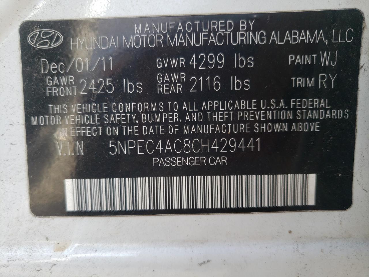 Photo 10 from auction – 2012 HYUNDAI SONATA SE with VIN 5NPEC4AC8CH429441
