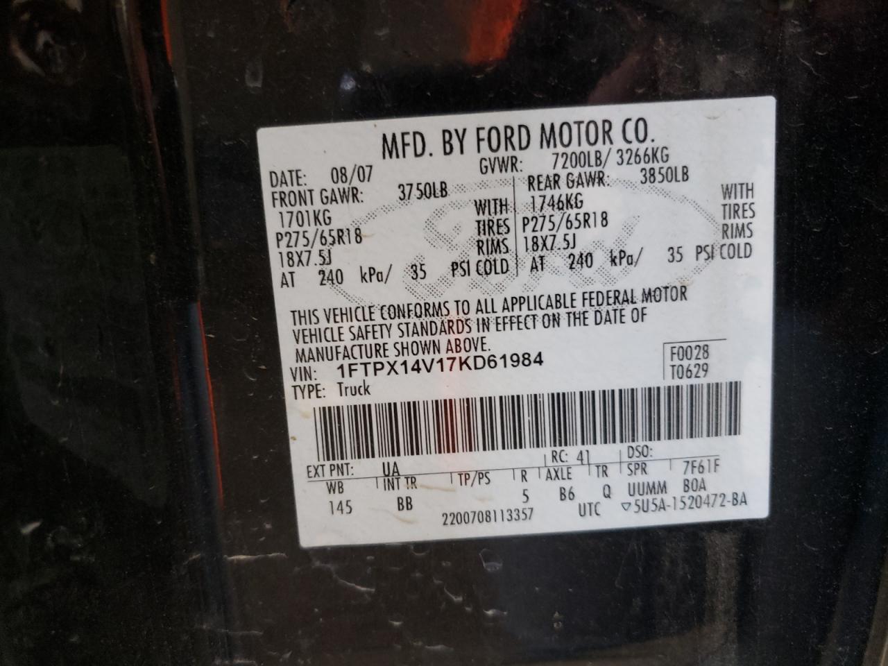 Photo 10 from auction – 2007 FORD F150 with VIN 1FTPX14V17KD61984