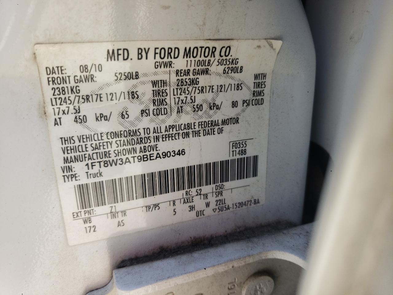 Photo 10 from auction – 2011 FORD F350 SUPER with VIN 1FT8W3AT9BEA90346