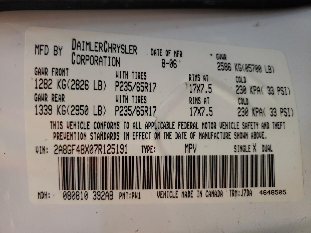 Photo 10 from auction – 2007 CHRYSLER PACIFICA with VIN 2A8GF48X07R125191