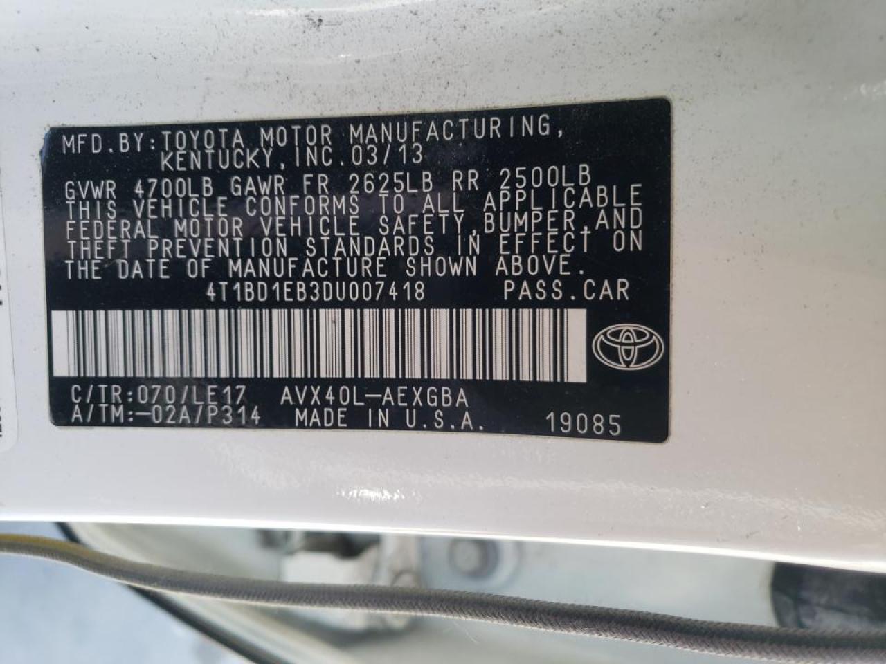 Photo 10 from auction – 2013 TOYOTA AVALON HYB with VIN 4T1BD1EB3DU007418