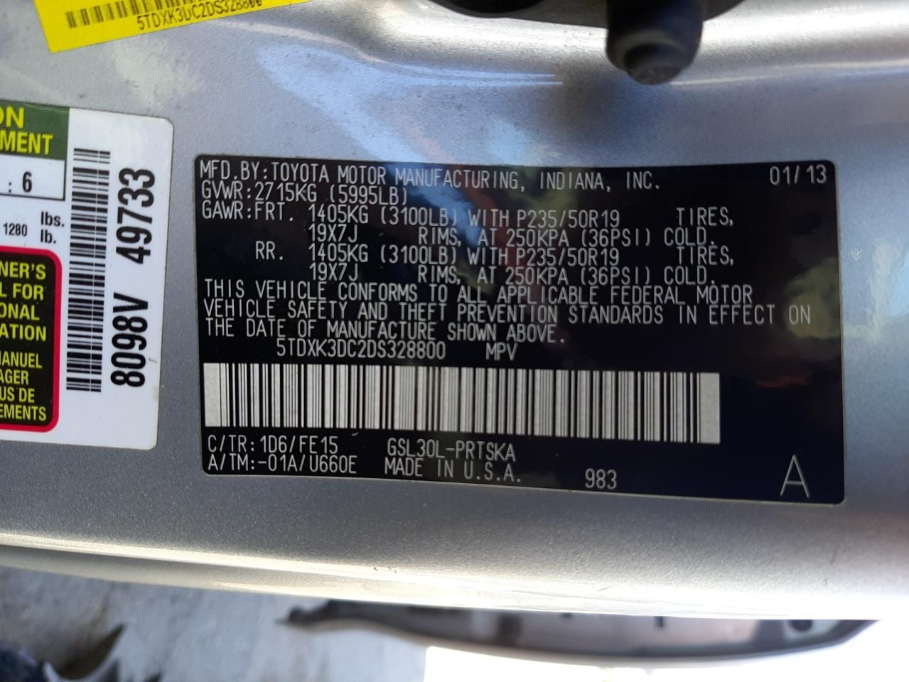 Photo 10 from auction – 2013 TOYOTA SIENNA SPO with VIN 5TDXK3DC2DS328800