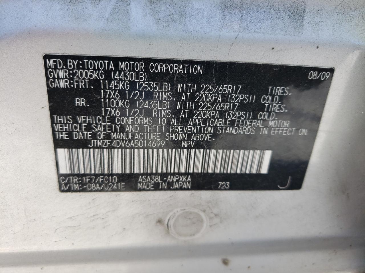 Photo 10 from auction – 2010 TOYOTA RAV4 with VIN JTMZF4DV6A5014699