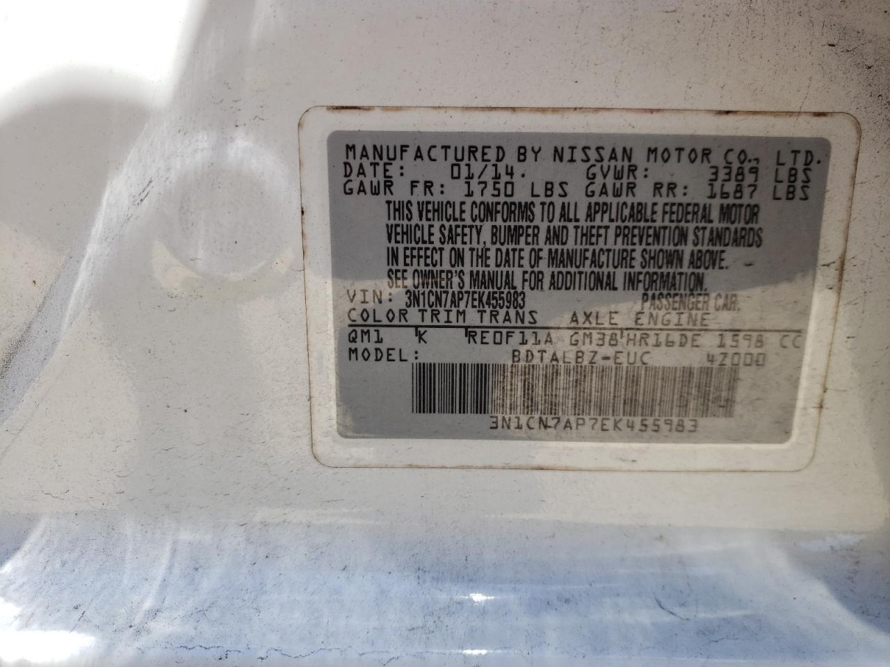 Photo 10 from auction – 2014 NISSAN VERSA S with VIN 3N1CN7AP7EK455983