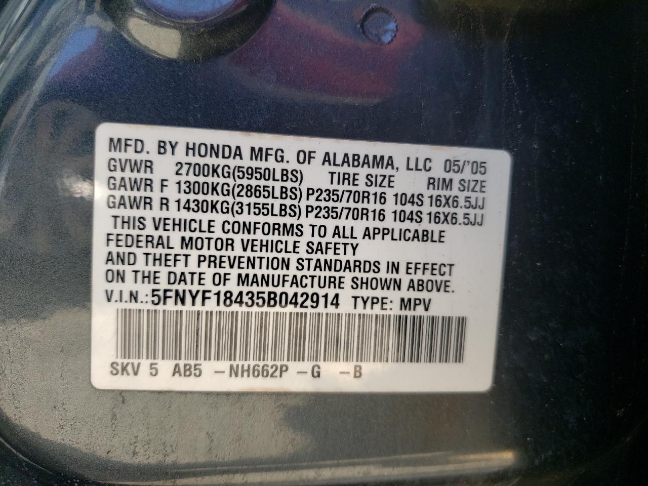 Photo 10 from auction – 2005 HONDA PILOT EX with VIN 5FNYF18435B042914