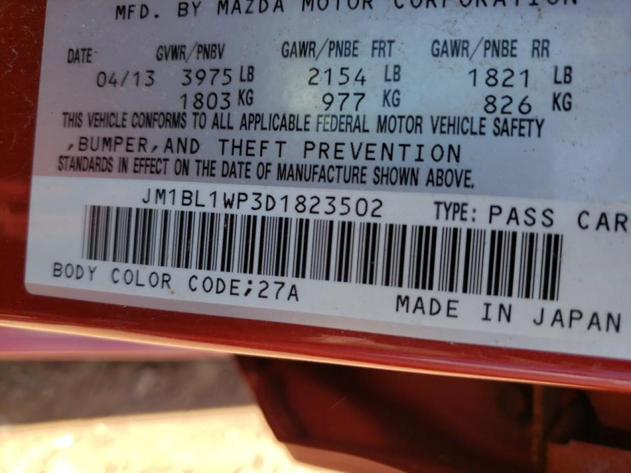 Photo 10 from auction – 2013 MAZDA 3 I with VIN JM1BL1WP3D1823502