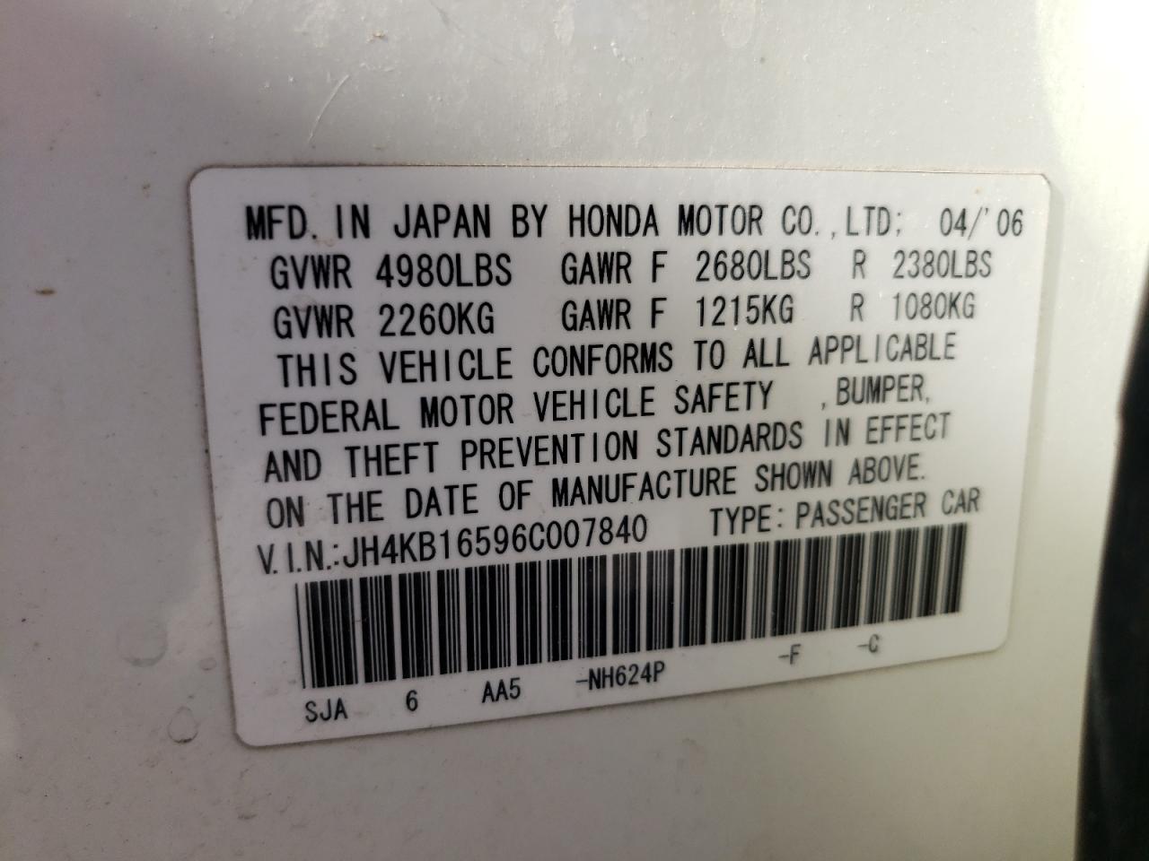Photo 10 from auction – 2006 ACURA RL with VIN JH4KB16596C007840
