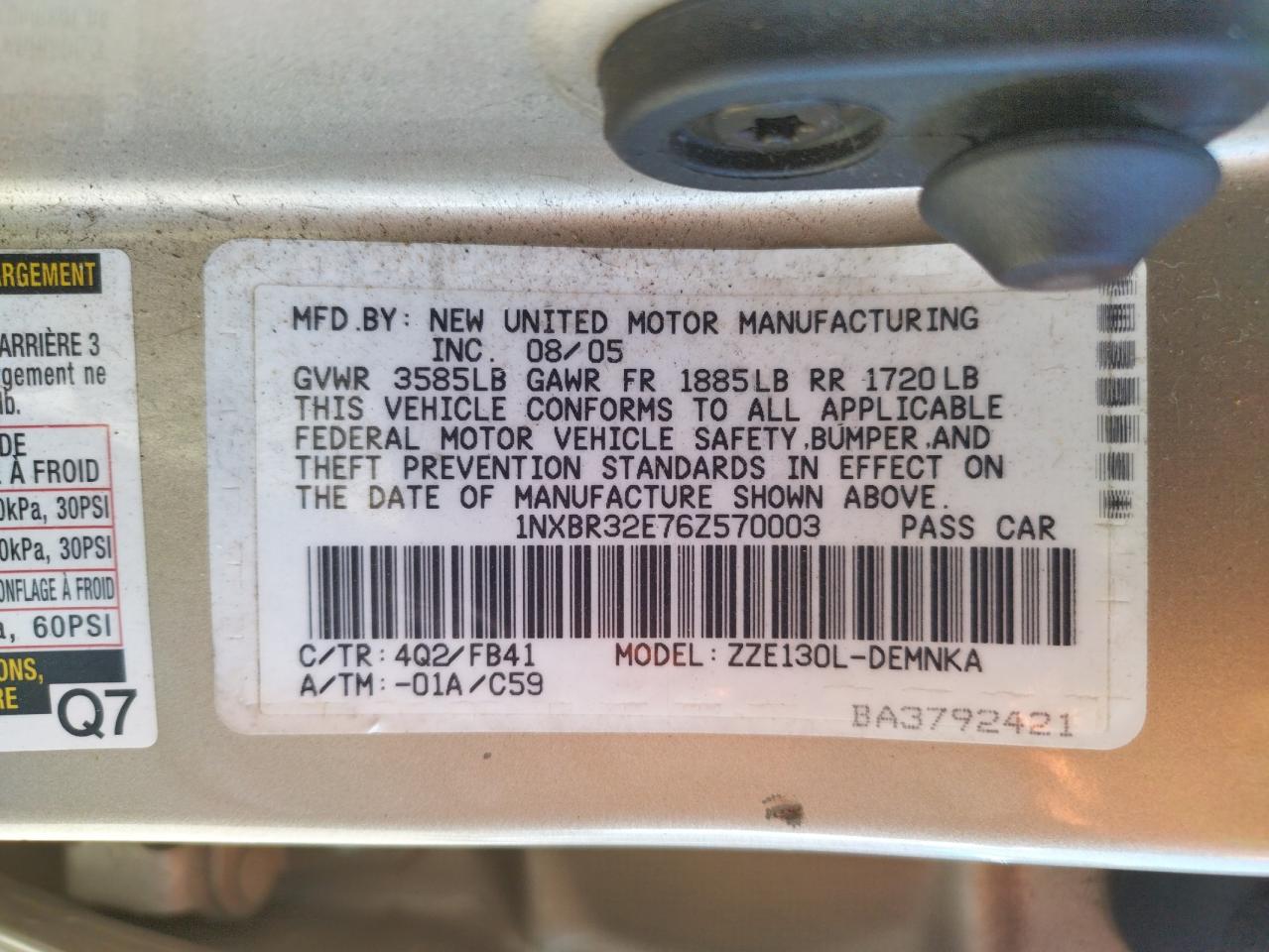 Photo 10 from auction – 2006 TOYOTA COROLLA CE with VIN 1NXBR32E76Z570003