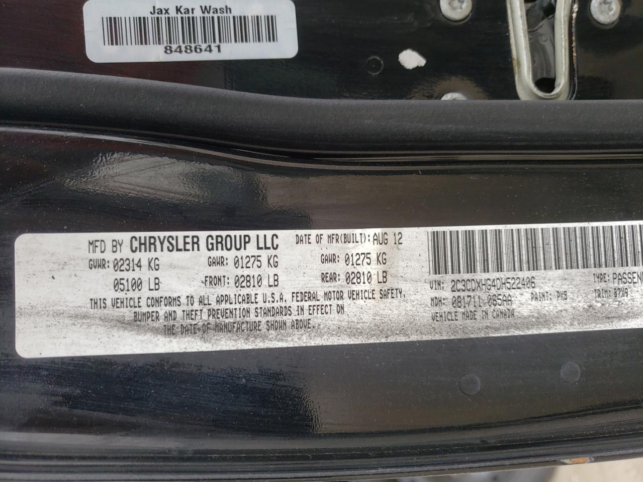 Photo 10 from auction – 2013 DODGE CHARGER SX with VIN 2C3CDXHG4DH522406