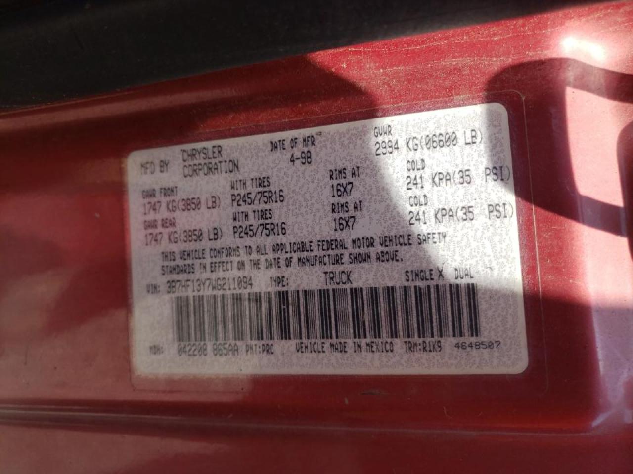 Photo 10 from auction – 1998 DODGE RAM 1500 with VIN 3B7HF13Y7WG211094