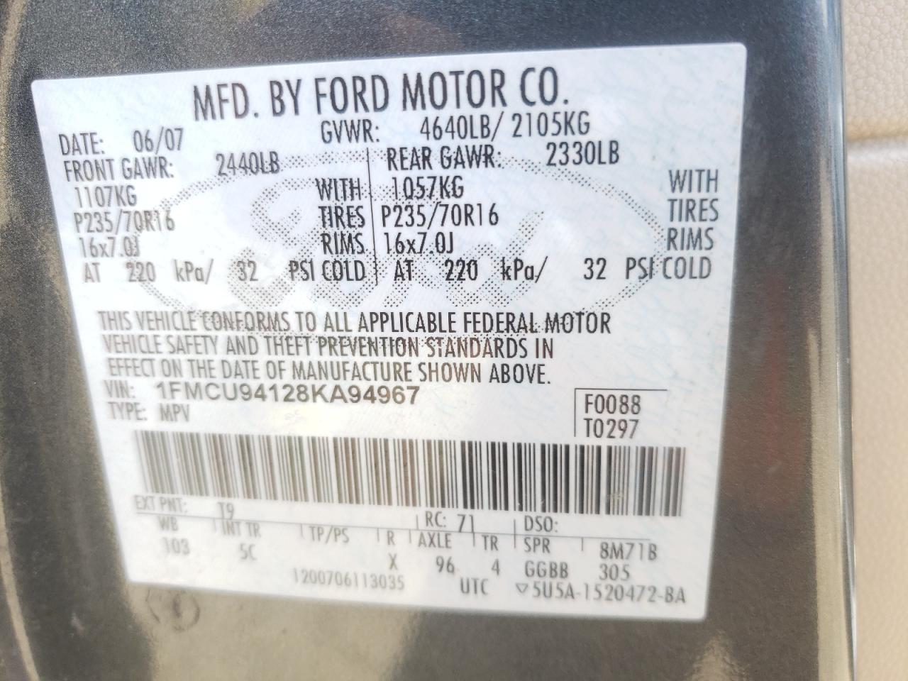 Photo 10 from auction – 2008 FORD ESCAPE LIM with VIN 1FMCU94128KA94967